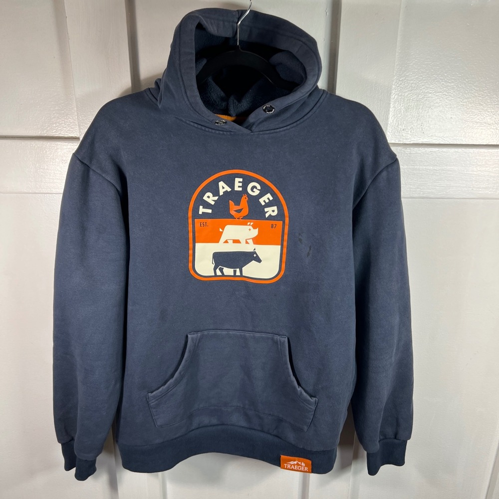 Traeger Wood Fired Grills Hoodie Mens Medium Blue BBQ Graphic Sweatshirt